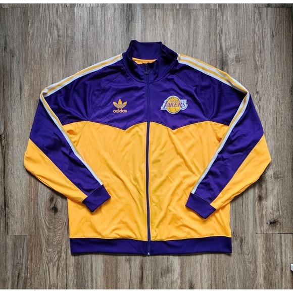 Adidas Los Angeles Lakers Track Jacket Purple Gold Full Zip Trefoil Sz 2XL Kobe - Picture 1 of 12